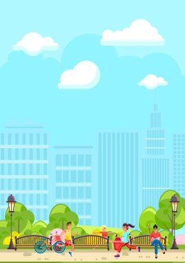 Kentin arka planında banklarla parkta çalışan ve antrenman yapan insanların yer aldığı karikatür çizimleri