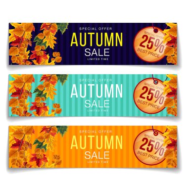Farklı renklerde renkli gerçekçi kuponlar. Sonbahar indirimi% 25 indirimli.
