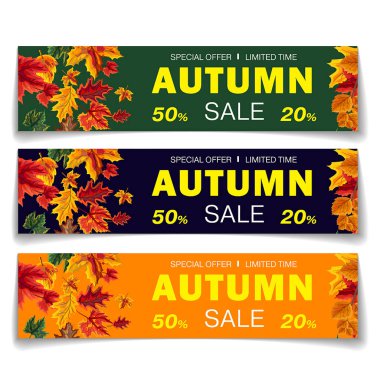 Sonbahar satışları için çok renkli promosyon kuponları.% 20 ve% 50 özel fiyatlı.
