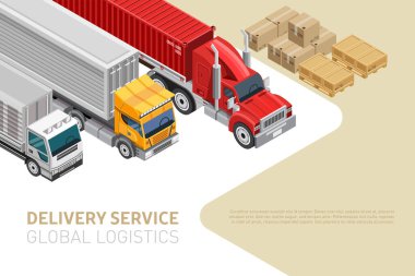 Modern dağıtım hizmeti ve küresel lojistiğe sahip web sayfasında Isometric tarzı kamyonlar