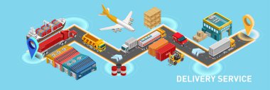 İzometrideki yaratıcı vektör haritası paketin iletimden alınışına giden yolu gösterir