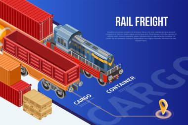 Mavi zemin üzerinde demiryolu nakliyesi olan şık izometrik poster