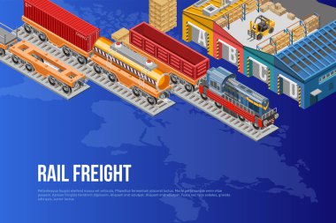 Küresel taşıma konsepti için tren ve depo ile parlak izometrik vektör tasarımı