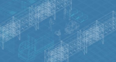 İşçilerin kamyon yüklediği deponun çağdaş tasarımı