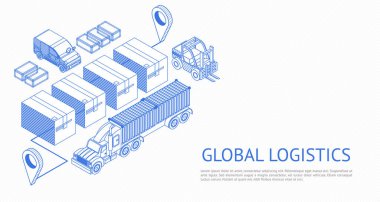 Beyaz arkaplanda dağıtım sistemi simgeleri için konteynır ve kamyonlar dizisi