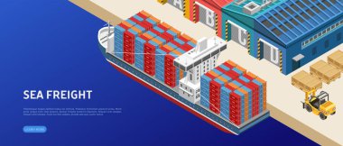 Kargo limanındaki depoların yakınındaki konteynırlarla dolu büyük bir nakliye gemisi.