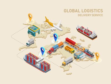 Graphic structure of global logistics and delivery service with various freight transport and destination points on world map clipart