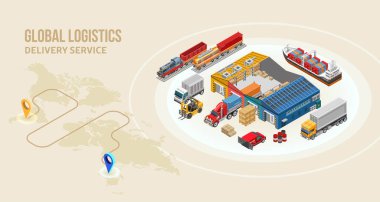 Teslimat güzergahı dünya haritasının yanında depolama tesisi olan çeşitli yük gemileri ve araçlar.