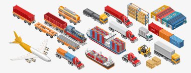 Isometric depo ve lojistik seti çeşitli nakliye araçları ve teslimat hizmetleri depolarıyla donatılmıştır.