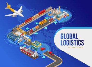 Aircraft flying near isometric structure of global logistics depicted over world map clipart