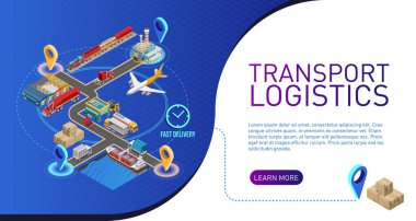 Teslimat web sitesi için açıklamalı modern ulaşım lojistiğinin Isometric yapısı
