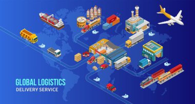 Tüm küresel lojistik sistemin Isometric şeması basit dünya haritası üzerine resmedilmiş