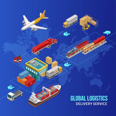 Lines and arrows connecting various freight vessels and vehicles with storage facility on isometric scheme over world map clipart