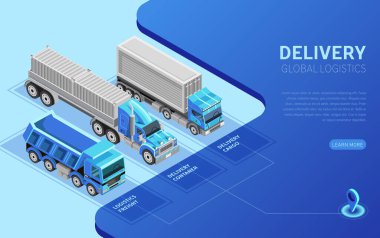 Web sitesi sayfası için tanımlamaya yakın çeşitli tipte üç izometrik yük kamyonu