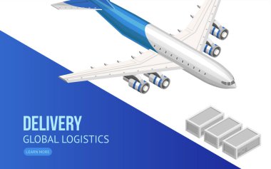 Uçan uçakla dağıtım ve küresel lojistik hakkında bilgi içeren web sayfasının Isometric tasarımı