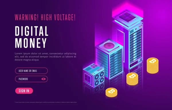 Desenho Colorido Isometria Página Web Sobre Dinheiro Digital Serviço Autorização —  Vetores de Stock