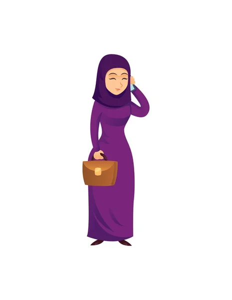 漂亮的阿拉伯商人女人 站在公文包里 讲着聪明的白色背景电话 — 图库矢量图片