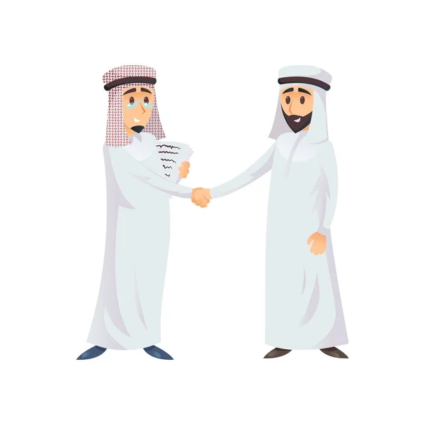 Arabische Geschäftsleute Traditioneller Kleidung Schütteln Hände Auf Weißem Hintergrund — Stockvektor