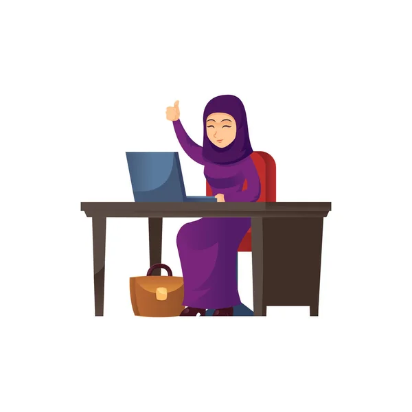 身穿紫色传统服装的快乐的阿拉伯女人坐在笔记本电脑前 竖起大拇指 — 图库矢量图片