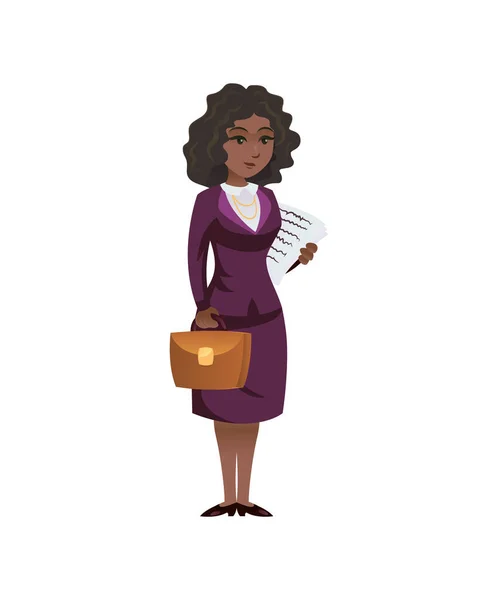 Pretty Black Business Woman Standing Documents Briefcase White Background — Stock Vector