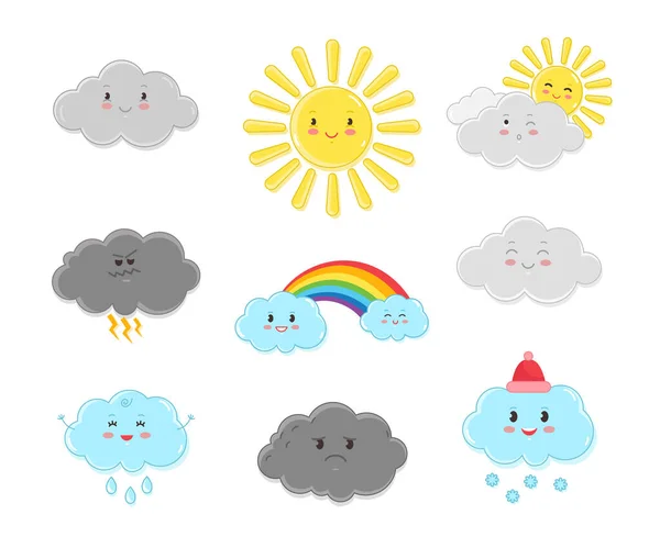 Chmury Kreskówek Znaków Zabawne Postacie Chmury Słońce Prognozowania Pogody Ładna — Wektor stockowy