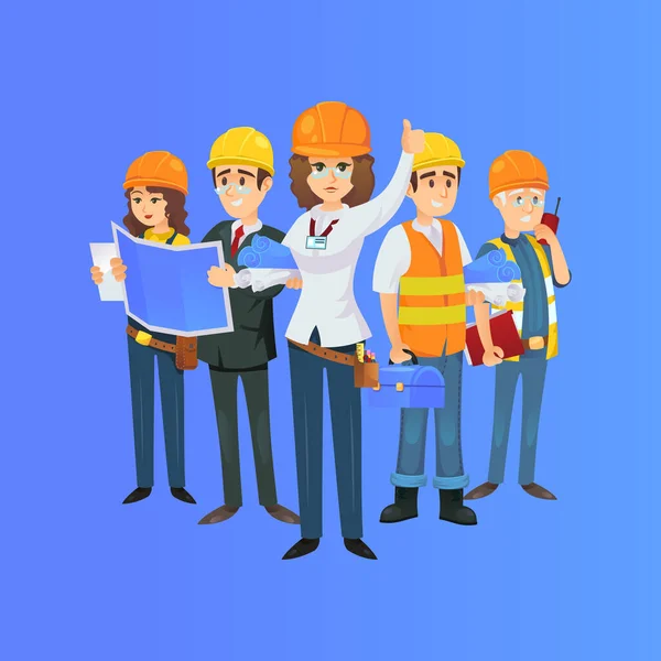 Onstruction Worker Team Safety Helmets Engineer Architect Blueprint Builder Foreman — Stock Vector