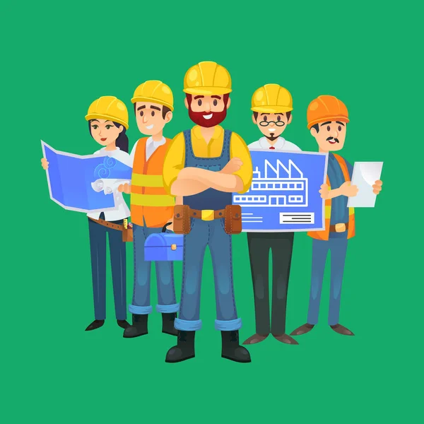 Onstruction Worker Team Uniform Safety Helmets Engineer Architect Builder Electrician — Stock Vector