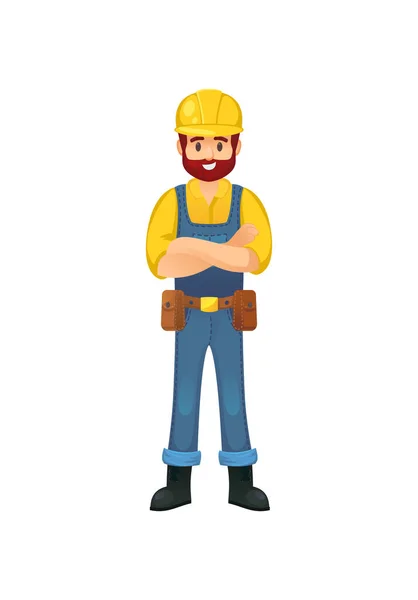 Alegre Constructor Barbudo Hardhat Con Los Brazos Cruzados — Vector de stock