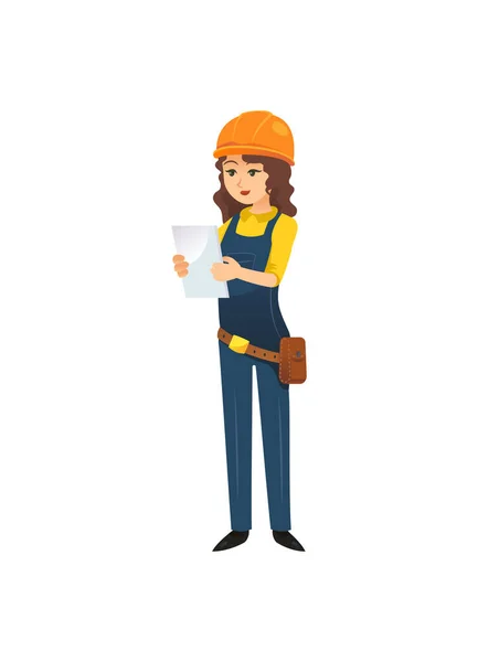 头戴硬帽 身穿工作服的女建设者的矢量漫画草图 — 图库矢量图片