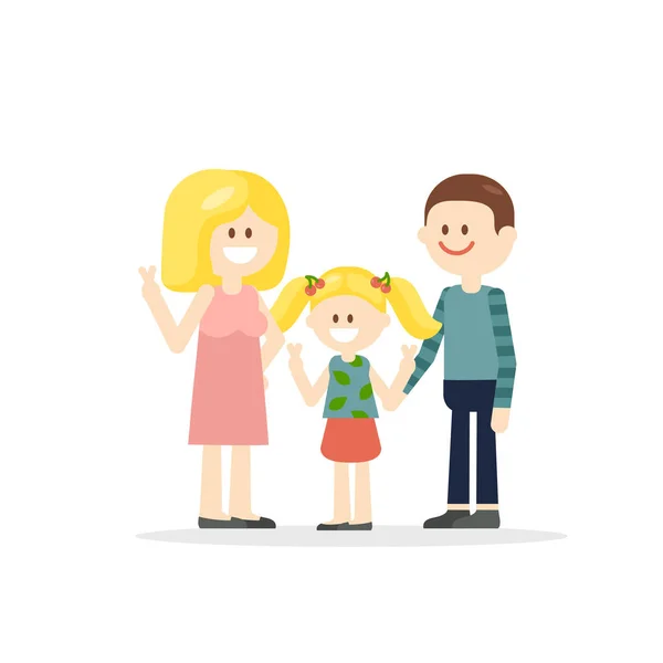 由年轻父母组成的快乐的卡通家庭 小女孩的两只手指被白色背景隔开 — 图库矢量图片