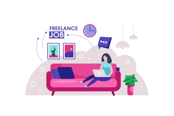 Freelance Meisje Vrouw Bank Werkt Met Laptop Moderne Freelance Sjabloon — Stockvector