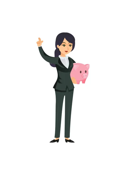 ピンクの貯金箱を保持スーツで成功した起業家の女性の文字 — ストックベクタ