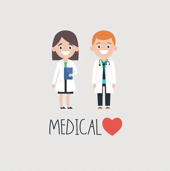 Smiling Man Woman Doctors Uniform Medical Word Heart Gray Background — Stock Vector
