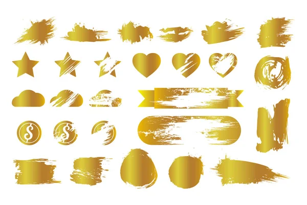 Векторный Набор Составленных Золотых Наклеек Царапин Лотерейном Билете Символами Пятнами — стоковый вектор
