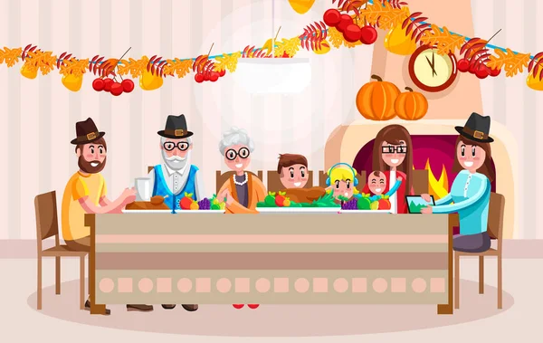 Happy Family All Generations Gathering Table Celebrating Thanksgiving Day Cartoon — стоковый вектор