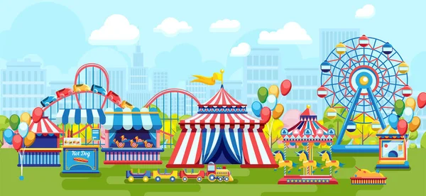 Colorful Flat Style Amusement Park Plenty Merry Rounds Urban Background — стоковый вектор