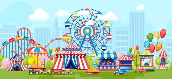 Lumineux Design Plat Parc Attractions Avec Grande Roue Sur Fond — Image vectorielle