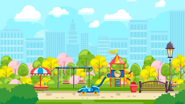 Şehir arka planına sahip şehir oyun alanının renkli vektör illüstrasyonu