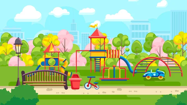 Vivid Diseño Plano Parque Colorido Parque Con Banco Niños Construcciones — Vector de stock