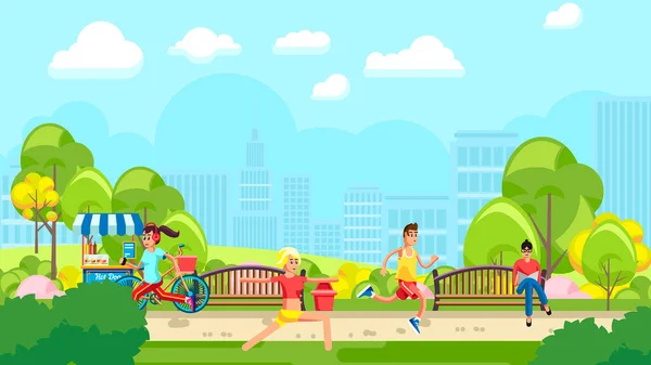 在绿色城市公园里进行体育运动的生动例证 — 图库矢量图片