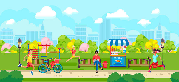 Вид на красочный парк мультфильмов с людьми, занимающимися спортом на городском фоне