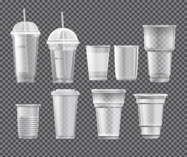 Set Diferentes Vasos Plástico Para Llevar Sobre Fondo Transparente — Archivo Imágenes Vectoriales