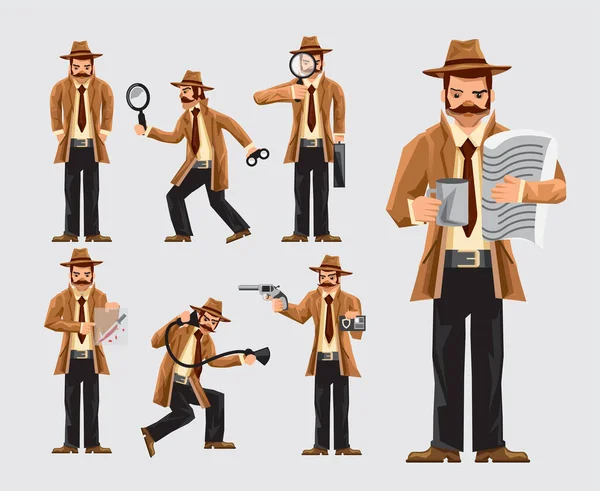 Set Cartoon Man Doing Detective Job Investigation Blue Background — 스톡 벡터