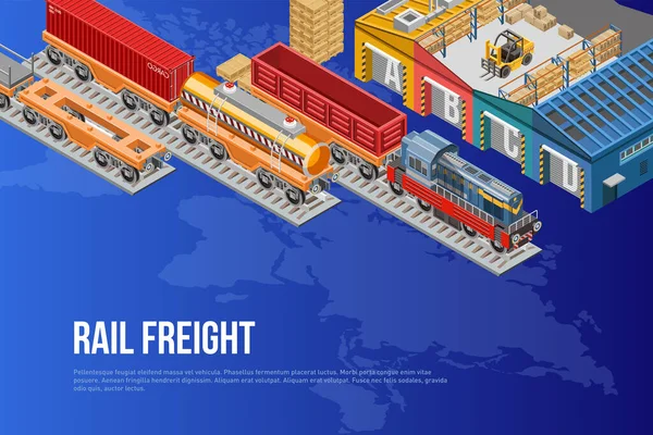 Küresel taşıma konsepti için tren ve depo ile parlak izometrik vektör tasarımı