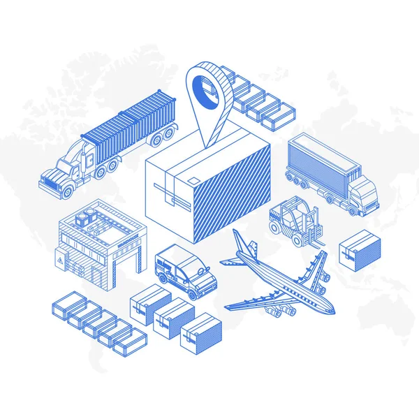 Conjunto Iconos Isométricos Que Muestran Varios Transportes Entrega Elementos Sobre — Vector de stock