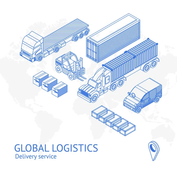 Blauwdruk Ontwerp Van Isometrische Vrachtwagens Auto Voor Wereldwijd Logistiek Concept — Stockvector
