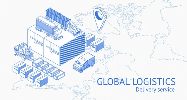 带地图和卡车的全球物流和交付服务蓝图式矢量设计 — 图库矢量图片