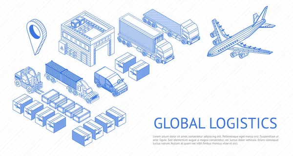 Kreatywny Izometryczny Zbiór Samochodów Ciężarowych Kontenerów Globalnej Koncepcji Logistycznej Białym — Wektor stockowy