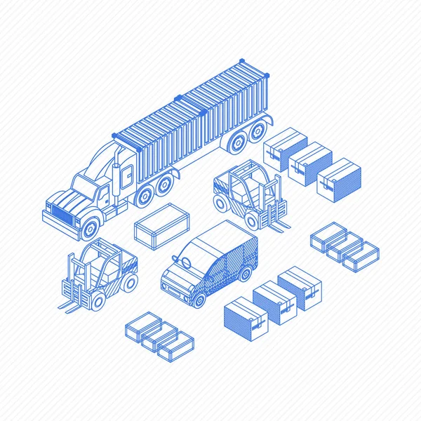 Isometrische Set Eenvoudige Blauwe Pictogrammen Voor Transport Verpakking Witte Achtergrond — Stockvector