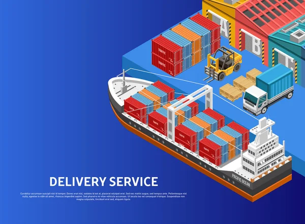 Veicoli Pesanti Che Caricano Enormi Navi Merci Con Container Nel — Vettoriale Stock